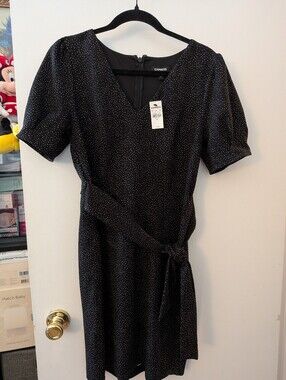 Express Black Mini Dress w/ White Dot Print and Tie Waist, Medium